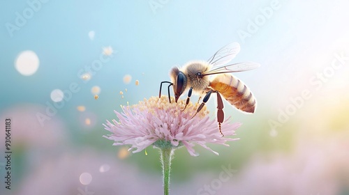 Close-up of a honeybee pollinating a pink flower.