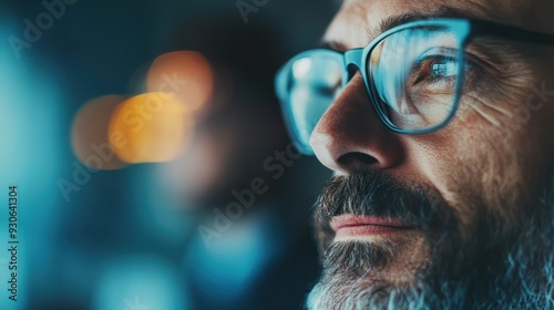 Abstract city lights and reflections create a dream-like atmosphere, emphasizing blur and color. The image captures the energy and motion of an urban night scene. photo