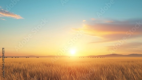 Fototapeta Naklejka Na Ścianę i Meble -  Golden sunset over a field of green grass.