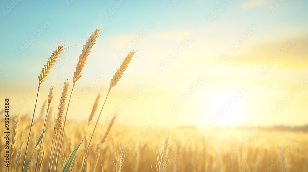 Fototapeta premium Golden wheat stalks swaying in a field at sunset.