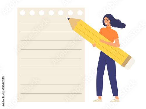 Young happy girl holding giant pencil standing with blank paper note. Concept of short list, memo pad, empty page ready to write, announcement, reminder, to do list. Flat vector illustration character