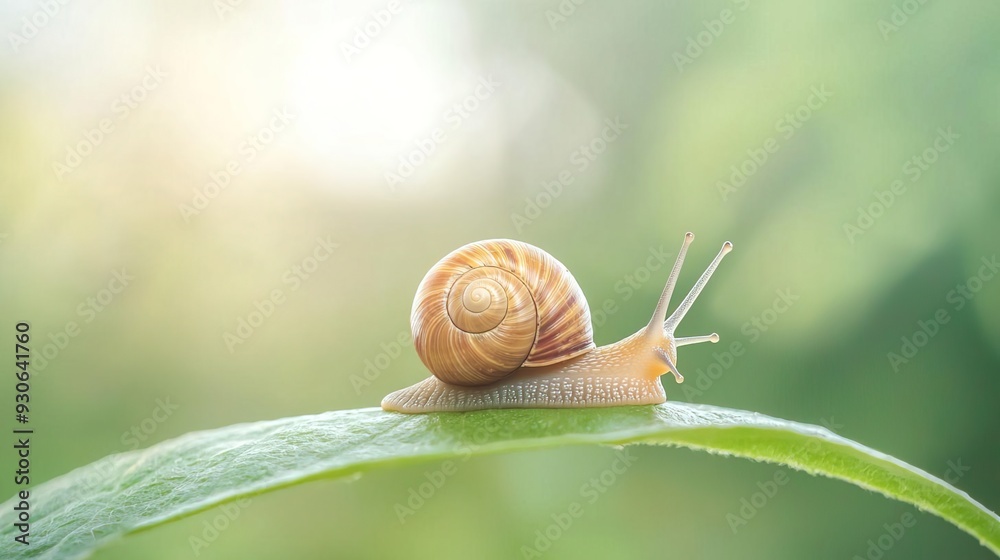 Close-up 3D perspective of a snail moving across a leaf, capturing the details of its shell and body, with soft, natural light and a blurred background. Close-up 3D perspective of a snail moving across a leaf, capturing the details of its shell and body, with soft, natural light and a blurred background.