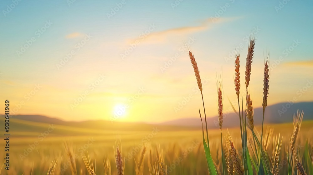 Wheat field at sunset with golden light and distant mountains Wheat field at sunset with golden light and distant mountains