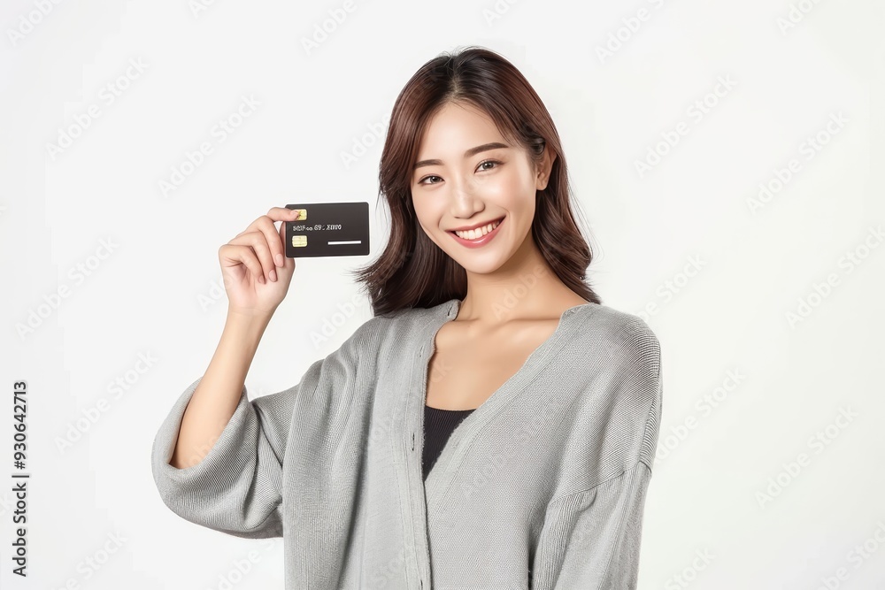 Young Smiling Beautiful Asian Woman Presenting Credit Card with Joy. Young Smiling Beautiful Asian Woman Presenting Credit Card with Joy.