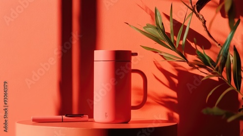 Creative flat lay of everyday objects like a coffee mug, pen, and plant