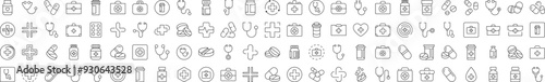 Health Care Medical Cross, Pills, Stethoscope, Suitcase Thin Line Icon Set. Editable Stroke. Suitable for Banners, Cards, Social Networks, Apps