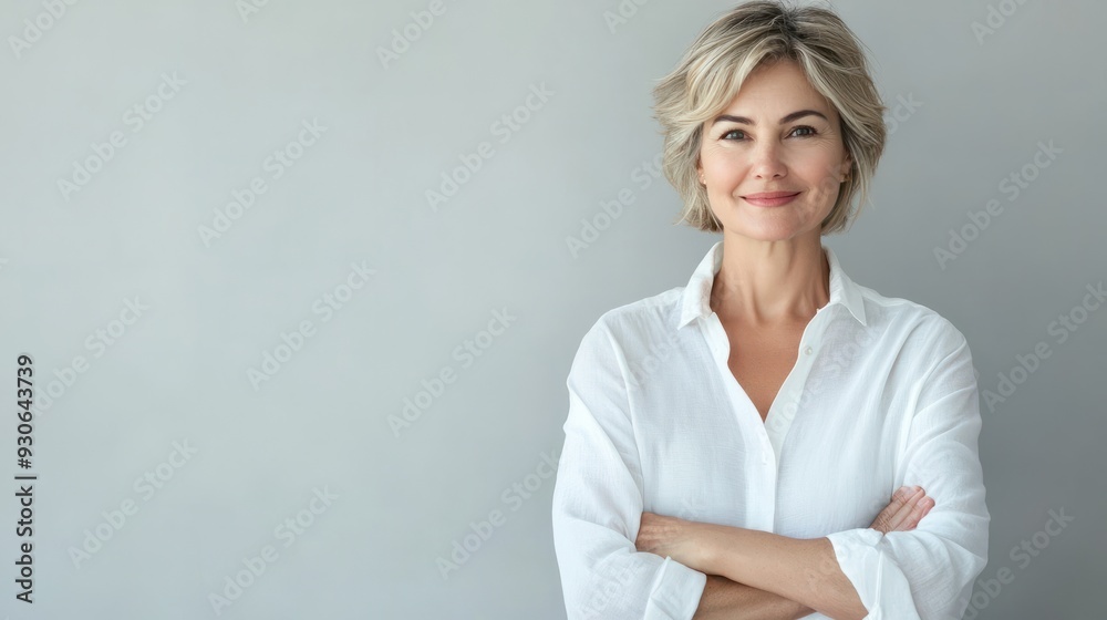 woman with short blonde hair and a confident smile is wearing a white shirt and stands with her arms crossed against a light grey background woman with short blonde hair and a confident smile is wearing a white shirt and stands with her arms crossed against a light grey background