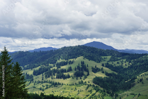 mountains and clouds with tall pine trees rocky ceahlau romania carpathian 