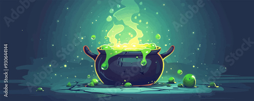 Cauldron bubbling with green potion. Vector flat isolated.