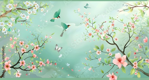 3D wallpaper with birds and flowers, spring background with flying butterflies, blue green pastel colors, beautiful landscape with trees and branches