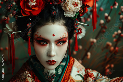 A woman wearing a traditional Japanese costume with red and white flowers