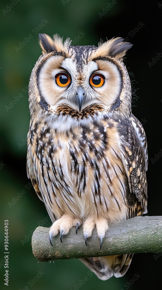 Fototapeta premium The owl's large, captivating eyes and delicate feathers create a stunning portrait with a dark, unobtrusive background