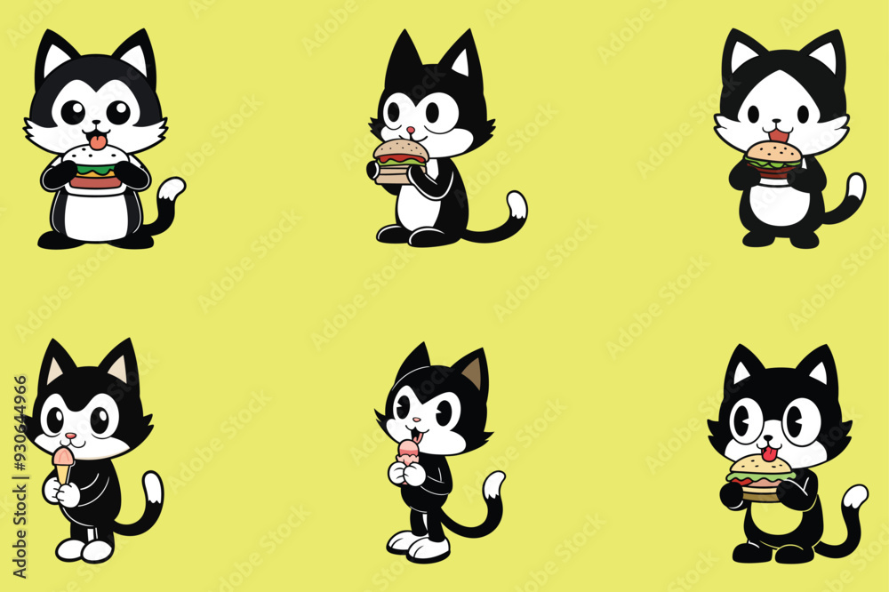 Cartoon cat eating various character art illustration Cartoon cat eating various character art illustration