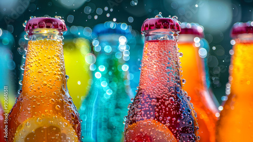 Assorted colorful soda bottles with condensation photo