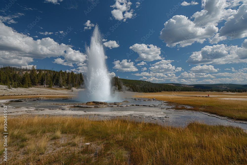 A large geyser erupts in the middle of a grassy field A large geyser erupts in the middle of a grassy field