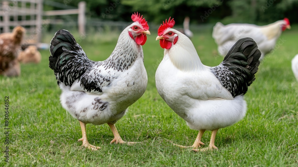 Fototapeta premium Two striking black and white silky leghorn hens stand on lush green grass with a rooster and other chickens exploring the background