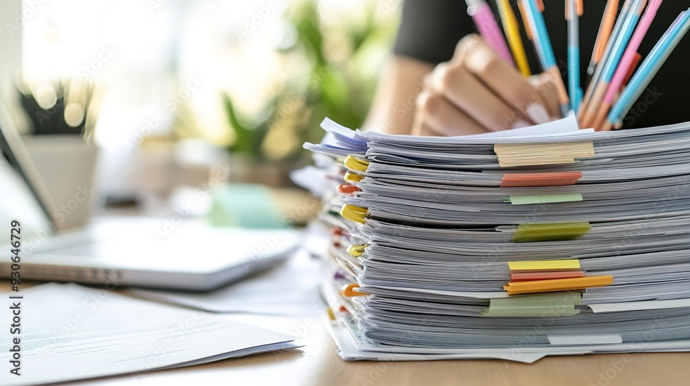 A professional organizing paperwork in a bright office, with a focus on contracts and reports A professional organizing paperwork in a bright office, with a focus on contracts and reports