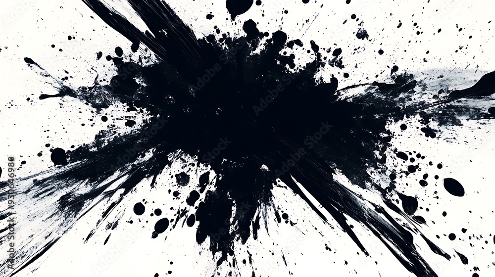 Obraz premium Abstract Ink Splash Art - Dynamic Black Ink Explosion on White Canvas,painted Grunge badge brush