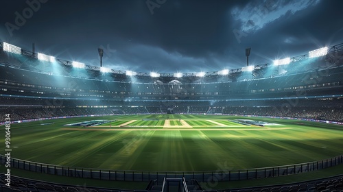 Aerial view of realistic oval sports stadium with floodlights and cricket pitch in urban setting
