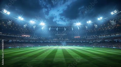Aerial view of realistic oval sports stadium with floodlights and cricket pitch in urban setting