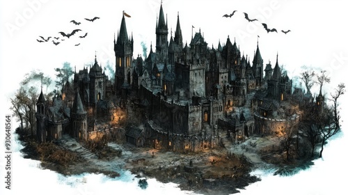 A Halloween cursed kingdom map, dark castles, haunted villages, and spectral knights, high fantasy and intricate, isolated on white background photo