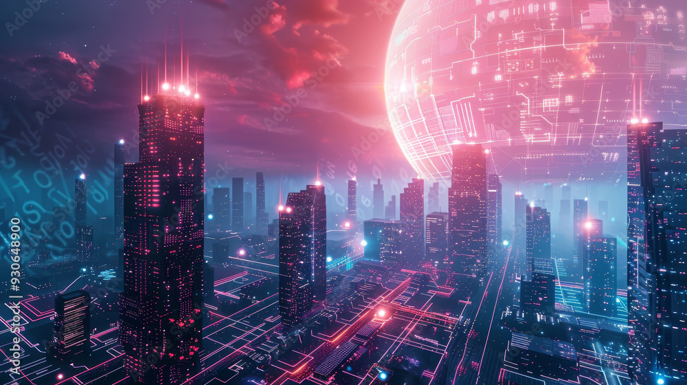 Fototapeta premium A cityscape with a large glowing orb in the sky