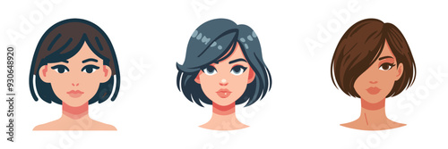 Vector illustration of three women with short bob haircuts, each with a distinct style and expression, in a modern design.