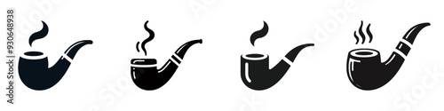 Vector icons of smoking pipes in various styles, featuring both monochrome and colored designs with smoke details.