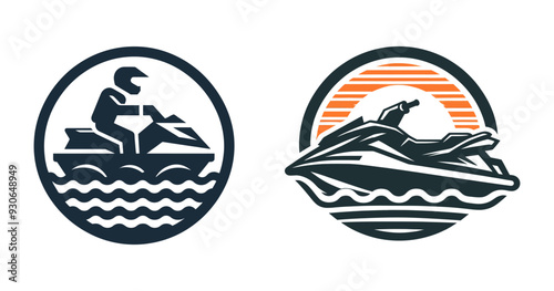 Vector illustration of a person riding a jet ski on the water, set against a stylized background.