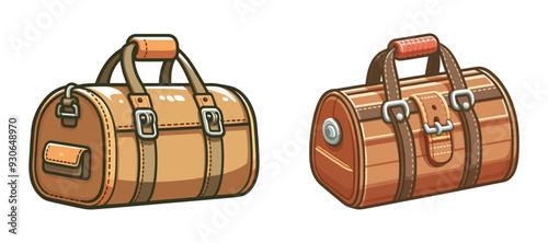 Vector illustration of two brown leather bags with handles and buckles, shown in a side view with detailed stitching.