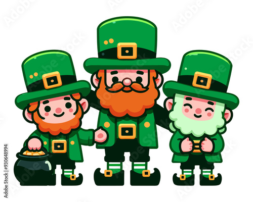 Vector illustration of three leprechauns with red beards, green outfits, and large hats, shown in a cute, cartoon style.