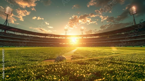 Aerial view of realistic oval sports stadium with floodlights and cricket pitch in urban setting