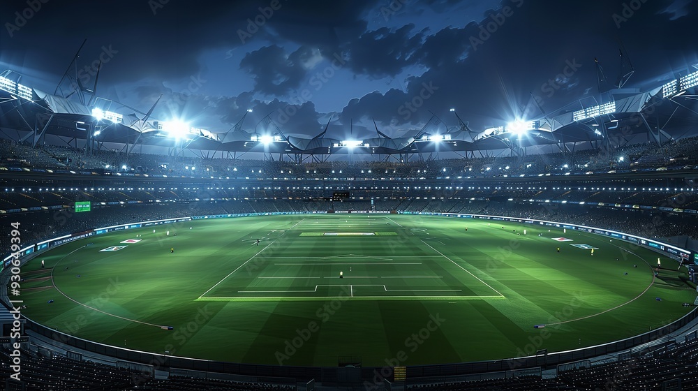 Aerial view of realistic oval sports stadium with floodlights and cricket pitch in urban setting Aerial view of realistic oval sports stadium with floodlights and cricket pitch in urban setting