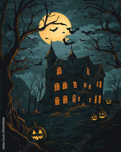 Halloween background with a haunted house, pumpkins, and spooky trees, digital art illustration photo