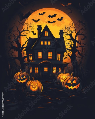 Halloween background with a haunted house, pumpkins, and spooky trees, digital art illustration  photo