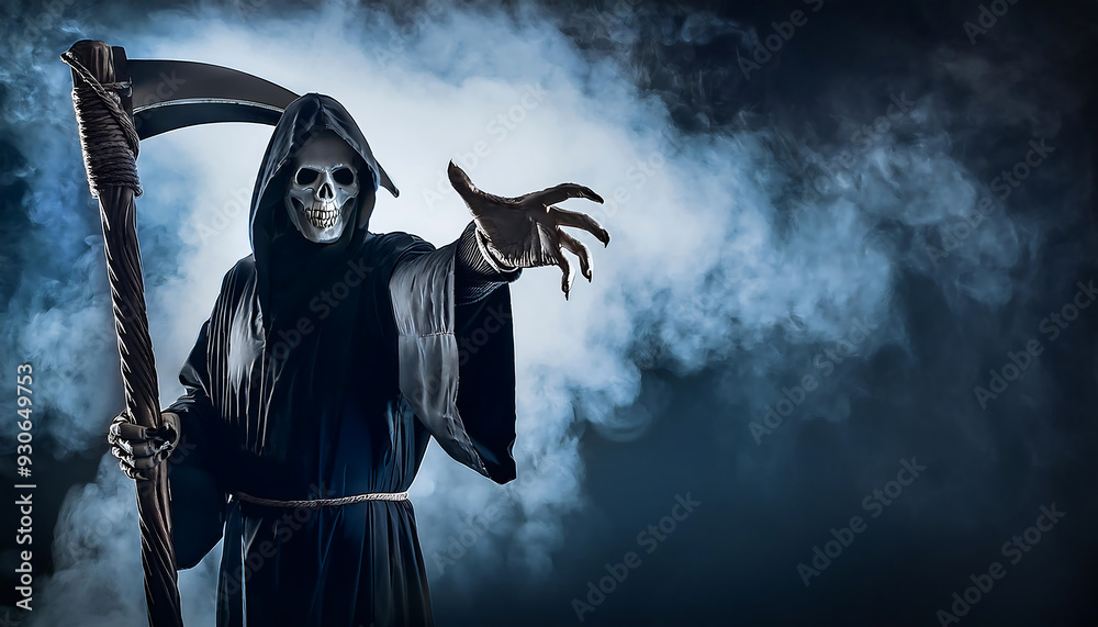 Obraz premium grim reaper reaching towards camera dark misty background space text