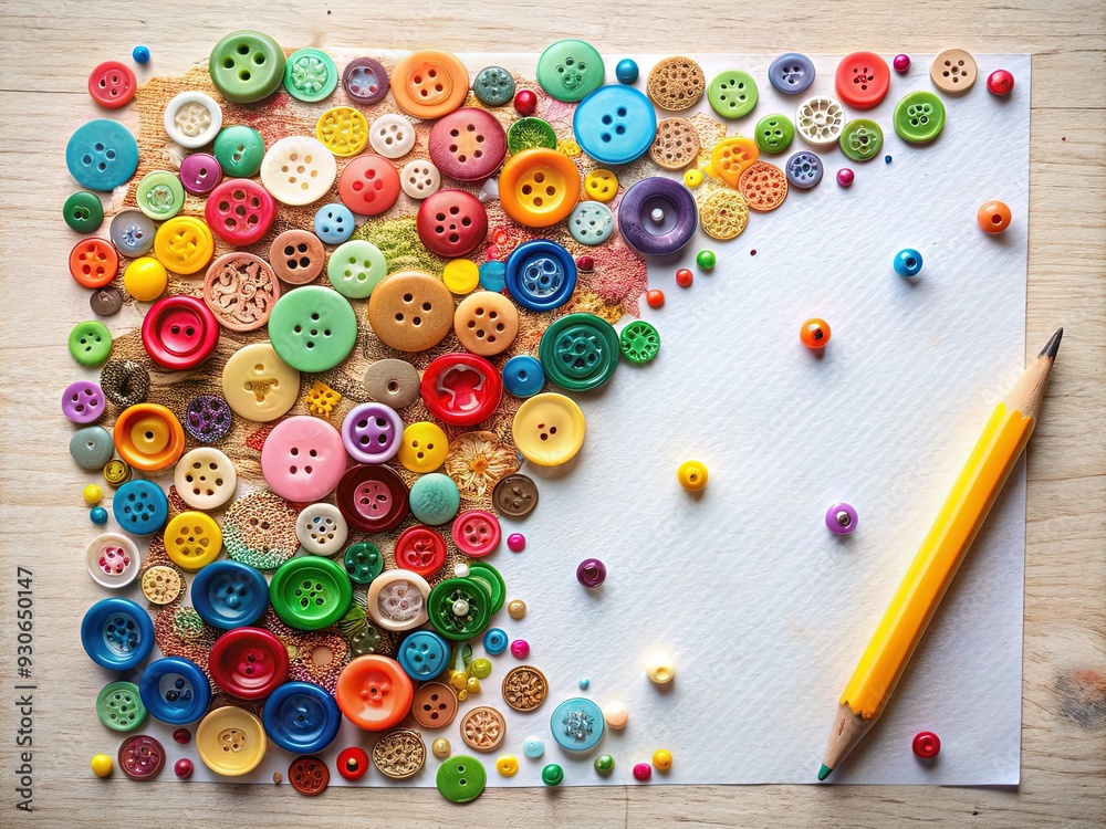 Colorful buttons scattered around a pencil sketch of a creative idea, forming a whimsical collage that represents imagination and inspiration on a blank paper background. Colorful buttons scattered around a pencil sketch of a creative idea, forming a whimsical collage that represents imagination and inspiration on a blank paper background.