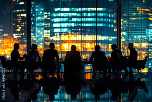 Team meeting in an office in the late afternoon, silhouettes of company employees and coworkers sitting around the table and discussing business and economy