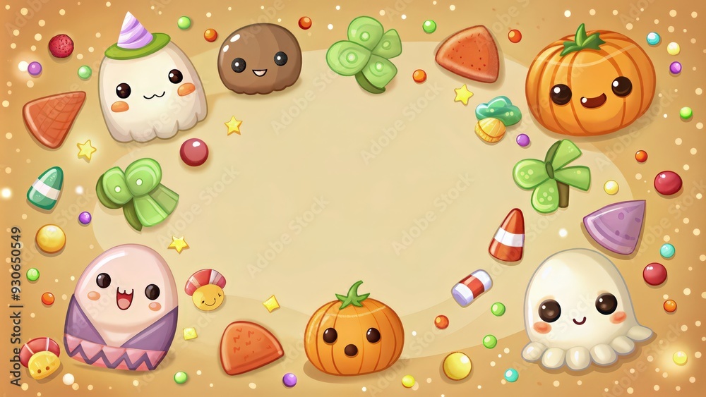 Naklejka premium Cute Halloween Characters and Candy Surrounding a Blank Space