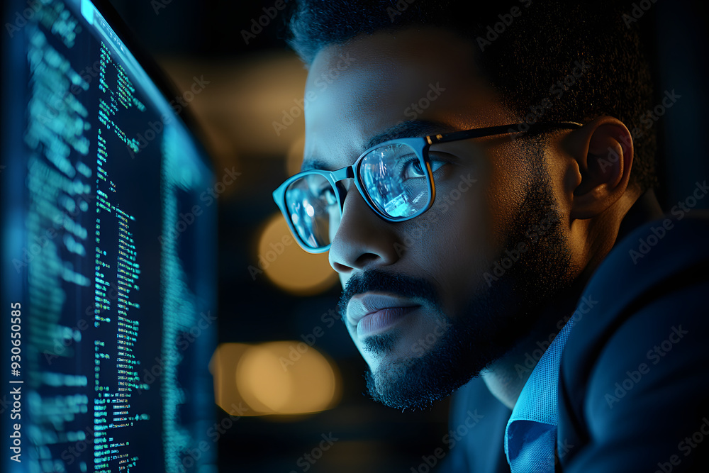 Man working and closely looking at the screen and analyzing cyber information on his computer in data center