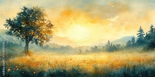 Watercolor Landscape of a Meadow with a Tree at Sunset