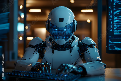 White AI android sitting at the table next to a computer screen in a futuristic office interior