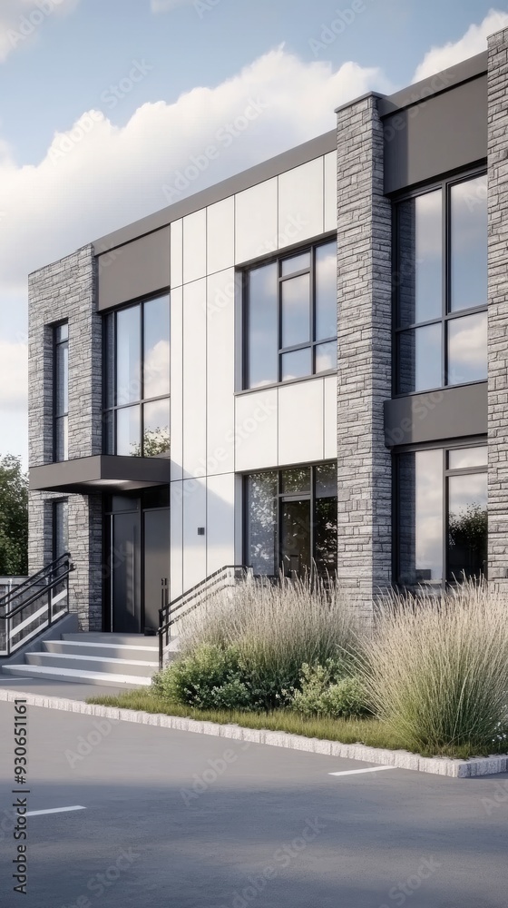 A modern entrance features gray stone walls, white panels, and a glass door with steps leading to the underground parking area A modern entrance features gray stone walls, white panels, and a glass door with steps leading to the underground parking area