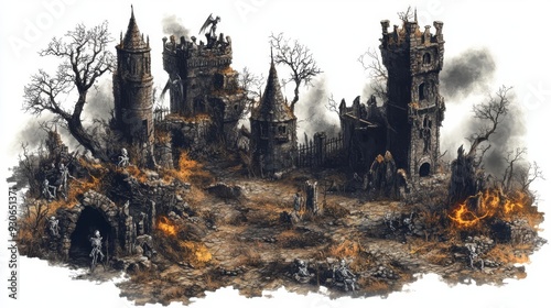 A Halloween necromancer s domain map, dark towers, skeletal armies, and cursed lands, rich in detail and atmosphere, isolated on white background photo