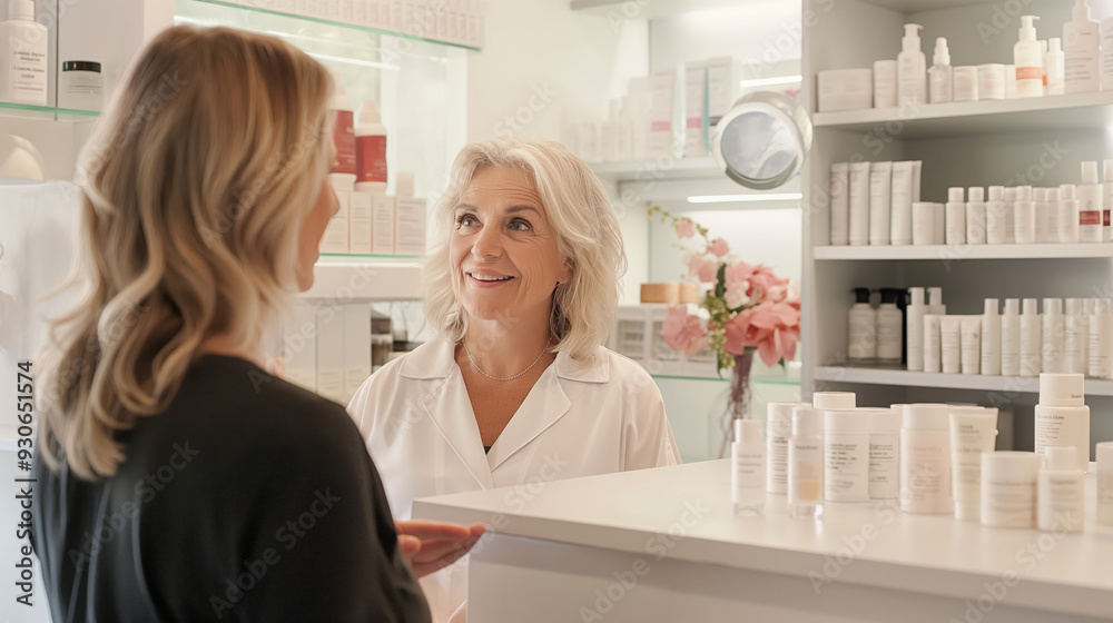 Senior pharmacist advising a woman in a pharmacy with skincare products and medications Senior pharmacist advising a woman in a pharmacy with skincare products and medications