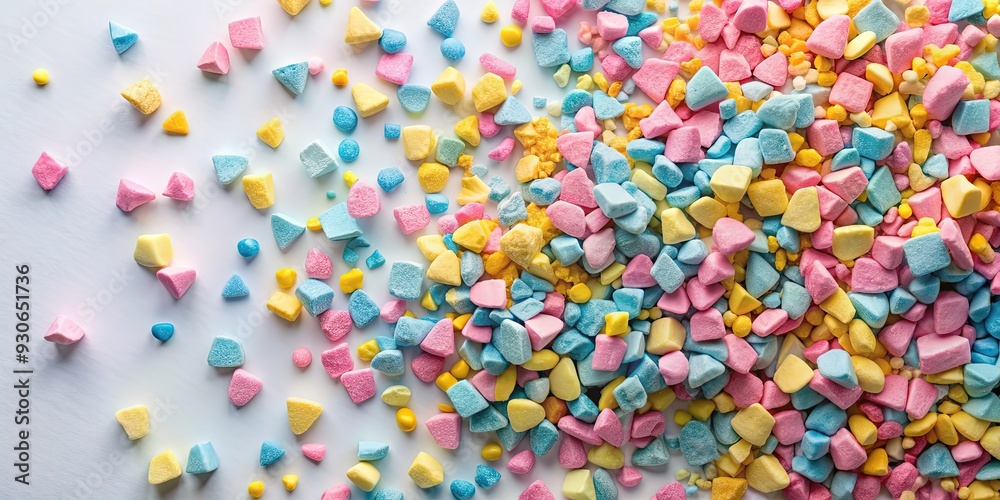 Colorful crushed candy pieces scattered on a white background, forming a sweet and playful abstract composition with shades of pink, blue, and yellow. Colorful crushed candy pieces scattered on a white background, forming a sweet and playful abstract composition with shades of pink, blue, and yellow.