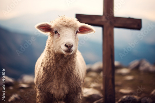 Lamb or sheep with distant hilltop cross in view. Jesus Christ of Nazare. The Lamb of God