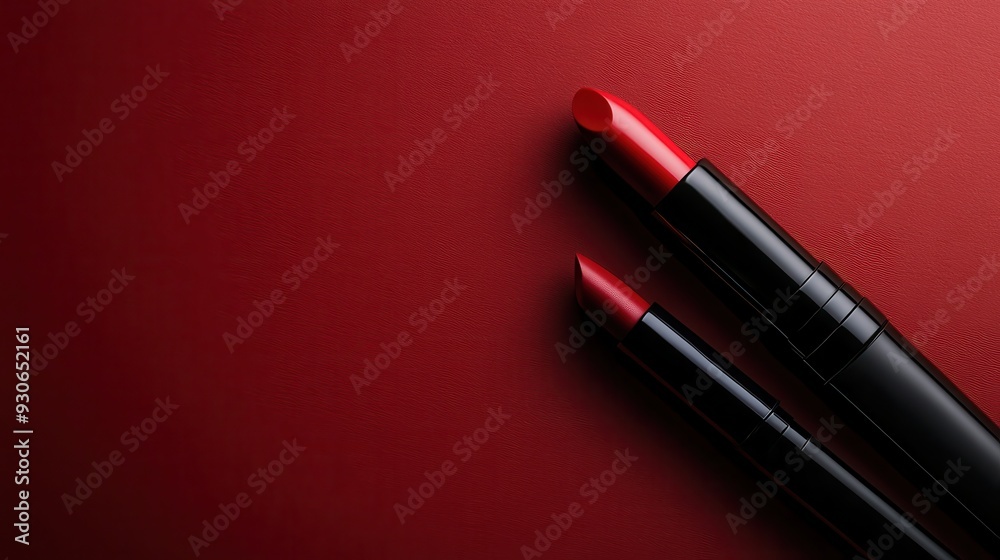 An artistic arrangement of two red lipsticks on a red background, providing a striking and bold visual representation perfect for fashion and beauty-themed uses. An artistic arrangement of two red lipsticks on a red background, providing a striking and bold visual representation perfect for fashion and beauty-themed uses.