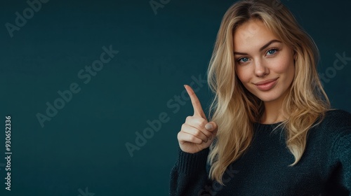 Happy blonde woman pointing her finger at copy space for promotion