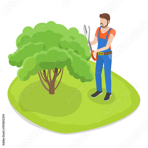 3D Isometric Flat Vector Set of Professional Gardener, Gardens and Parks Maintenance Service, Tree Pruning. Item 2